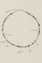 Les pierres du collier Vénus Azur annotées : turquoise, tanzanite, labradorite, lapis-lazuli, tourmaline, saphir