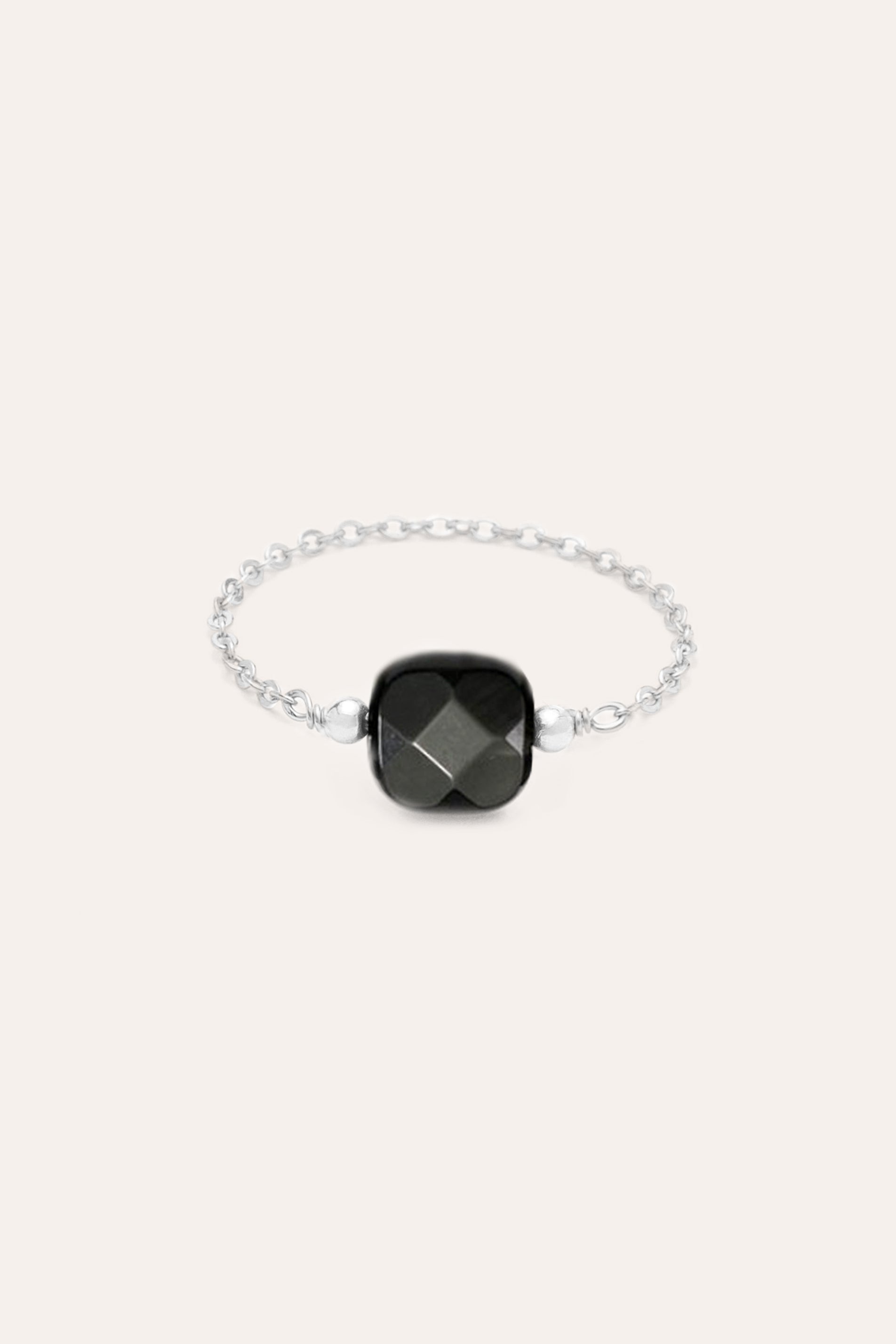 Bague chaînette - Agate noire carrée