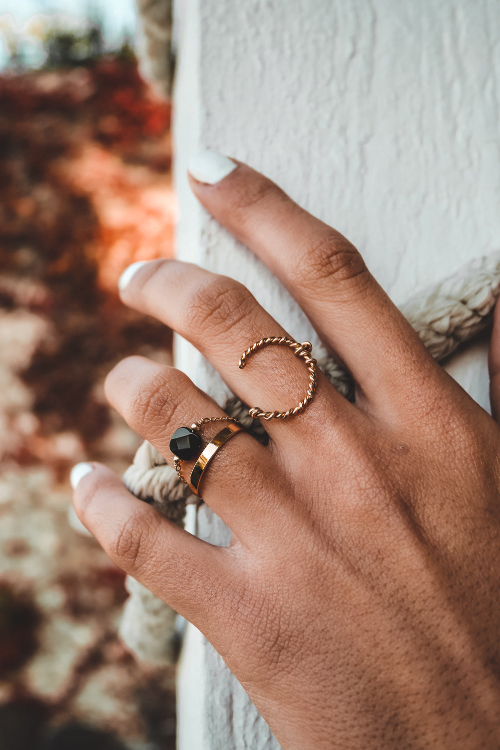 Bague chaînette - Agate noire carrée