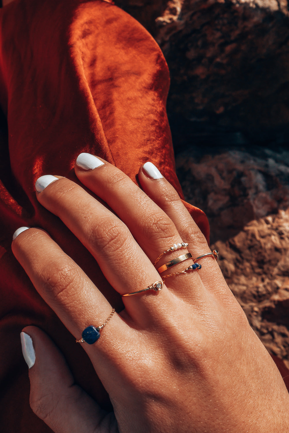 Bague chaînette - Agate noire carrée
