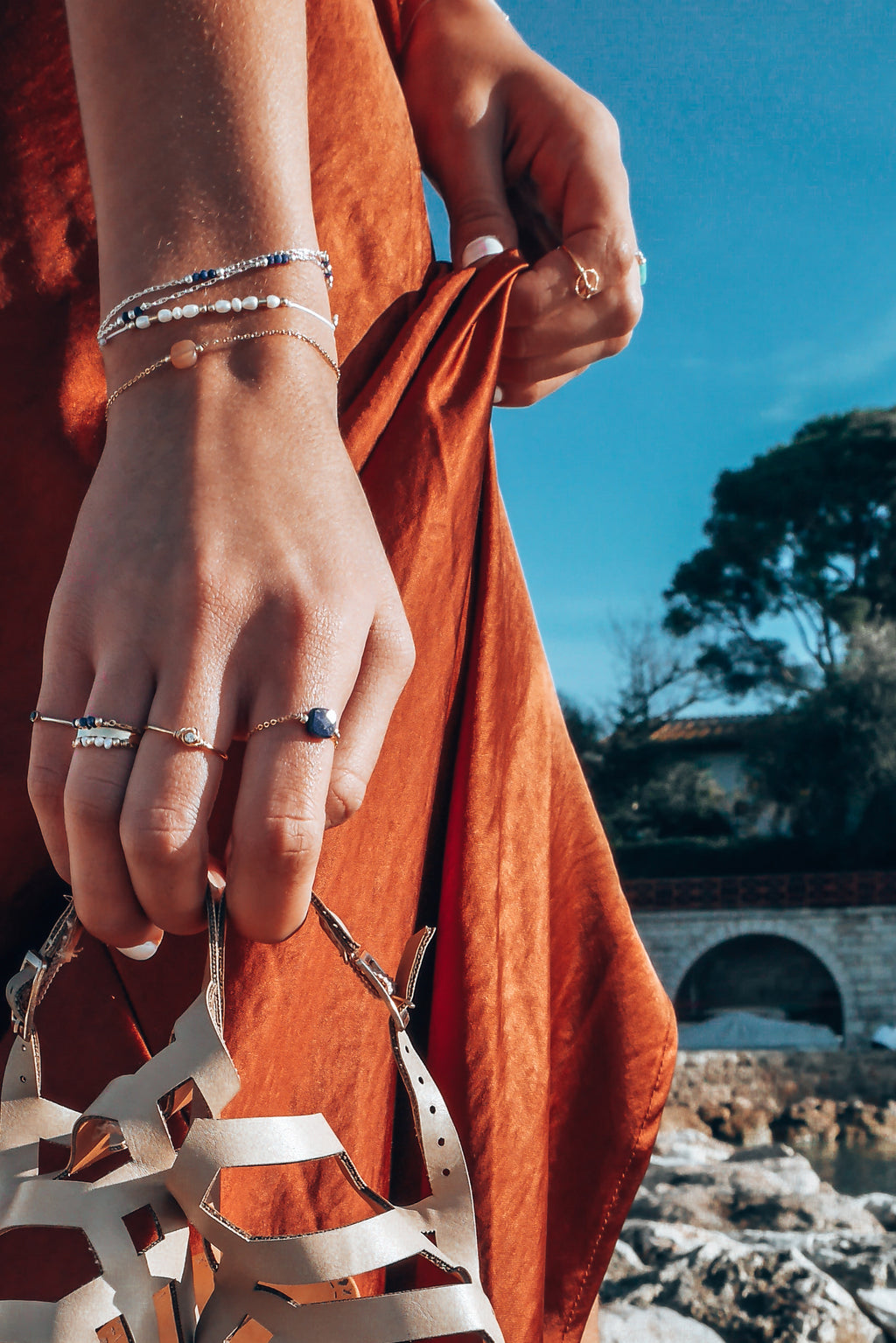 Bague chaînette - Agate noire carrée