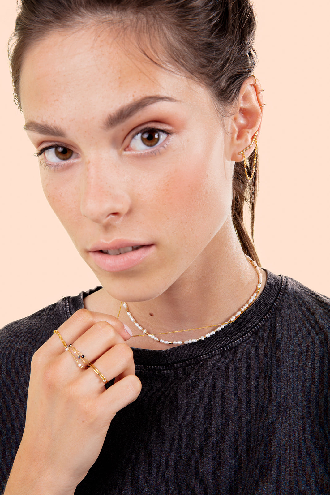 Bague chaînette satellite spinelle noir - Argent