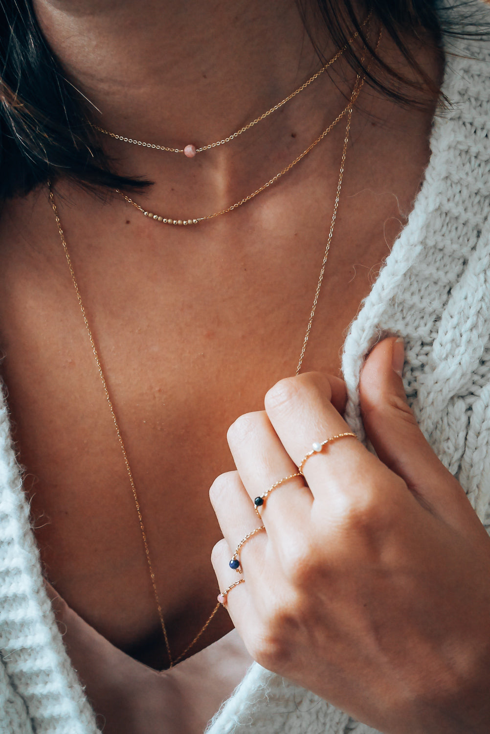 Bague chaînette Stella - Pierre rose