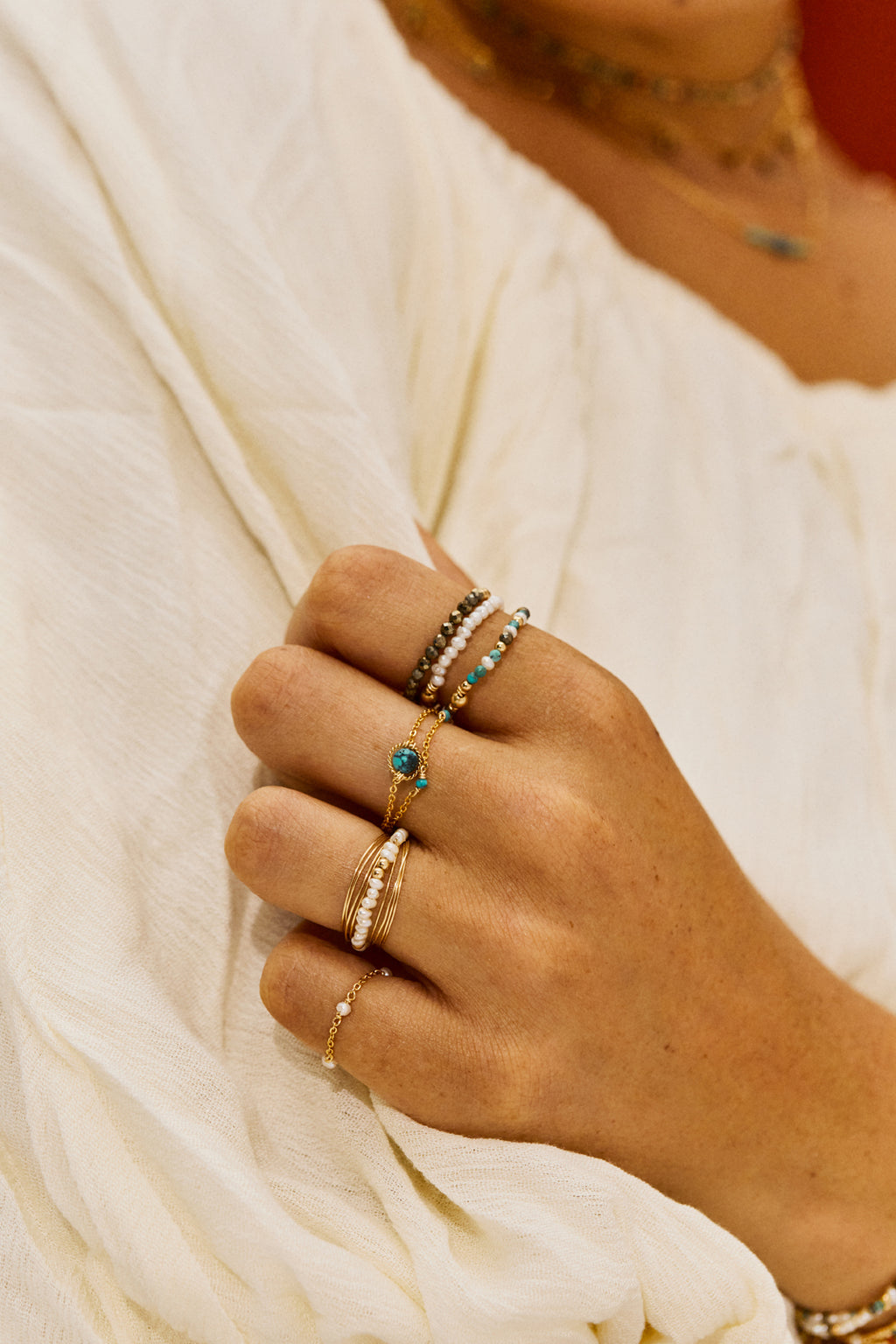 Satellite chain ring - cultured pearls