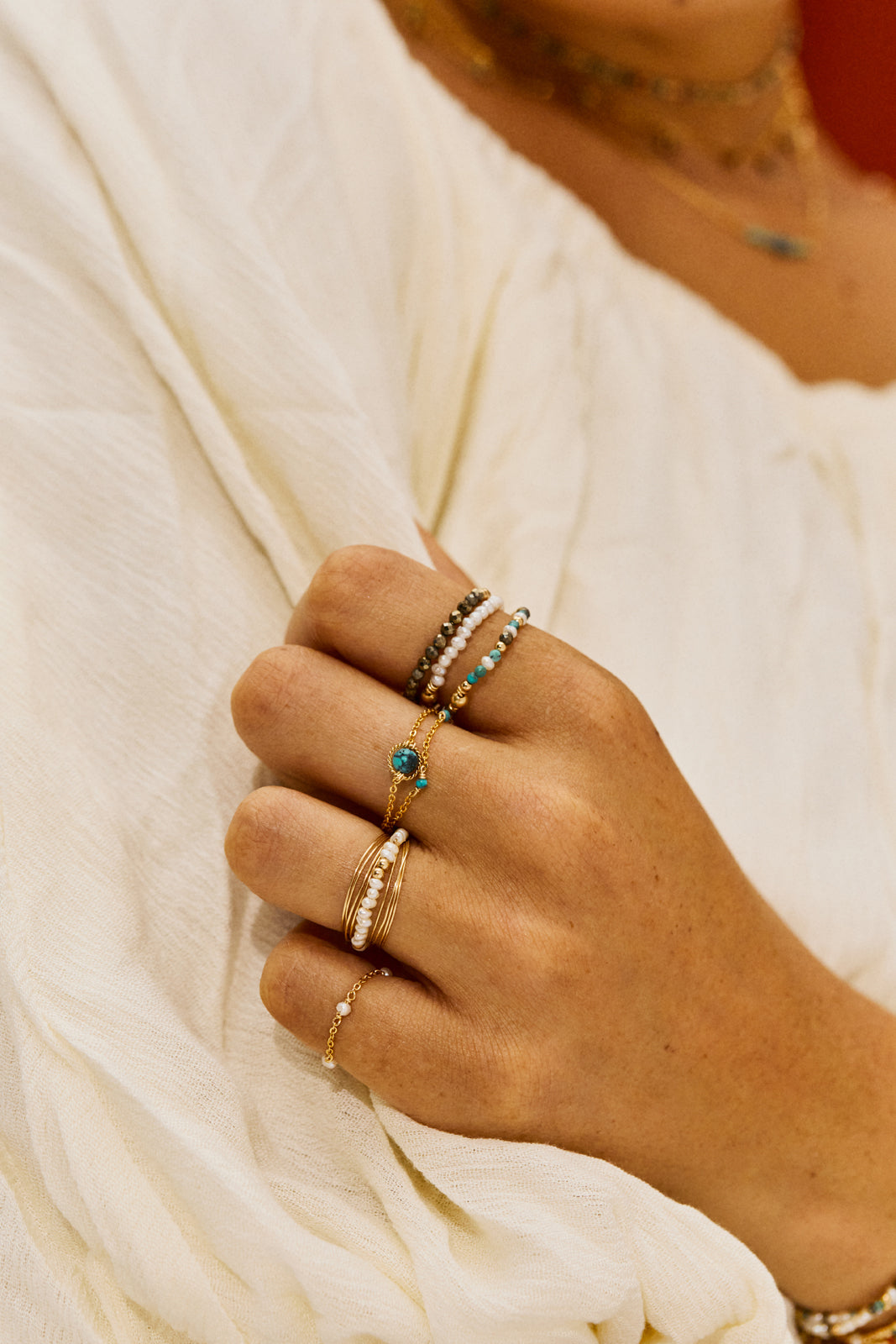 Satellite chain ring - cultured pearls